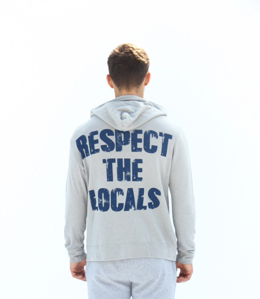Respect the Locals Men's Premium Zip-Up Hoodie in dove grey with distressed blue print