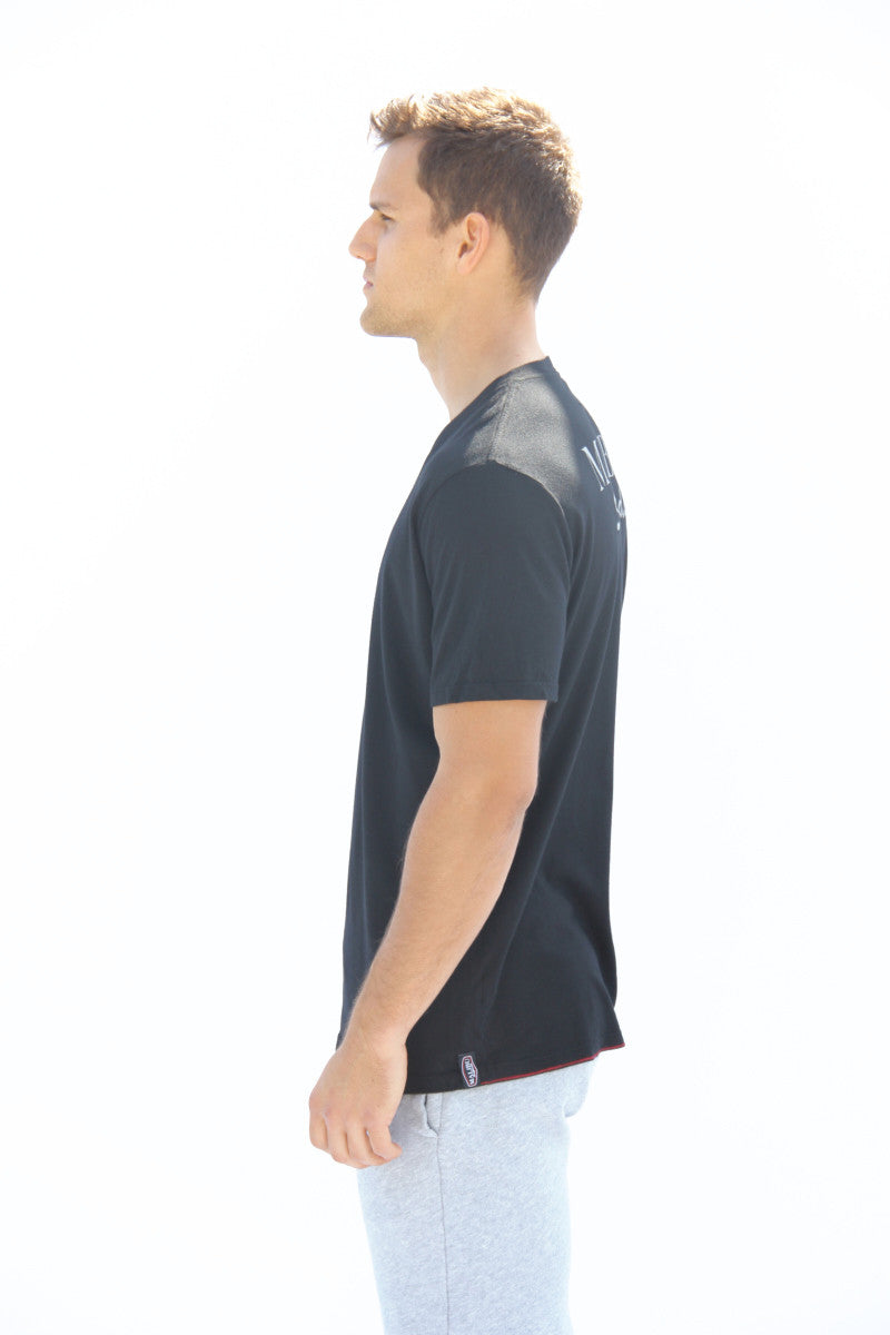 Premium Black V-Neck T-Shirt for men with Malibu Surfboards print on back