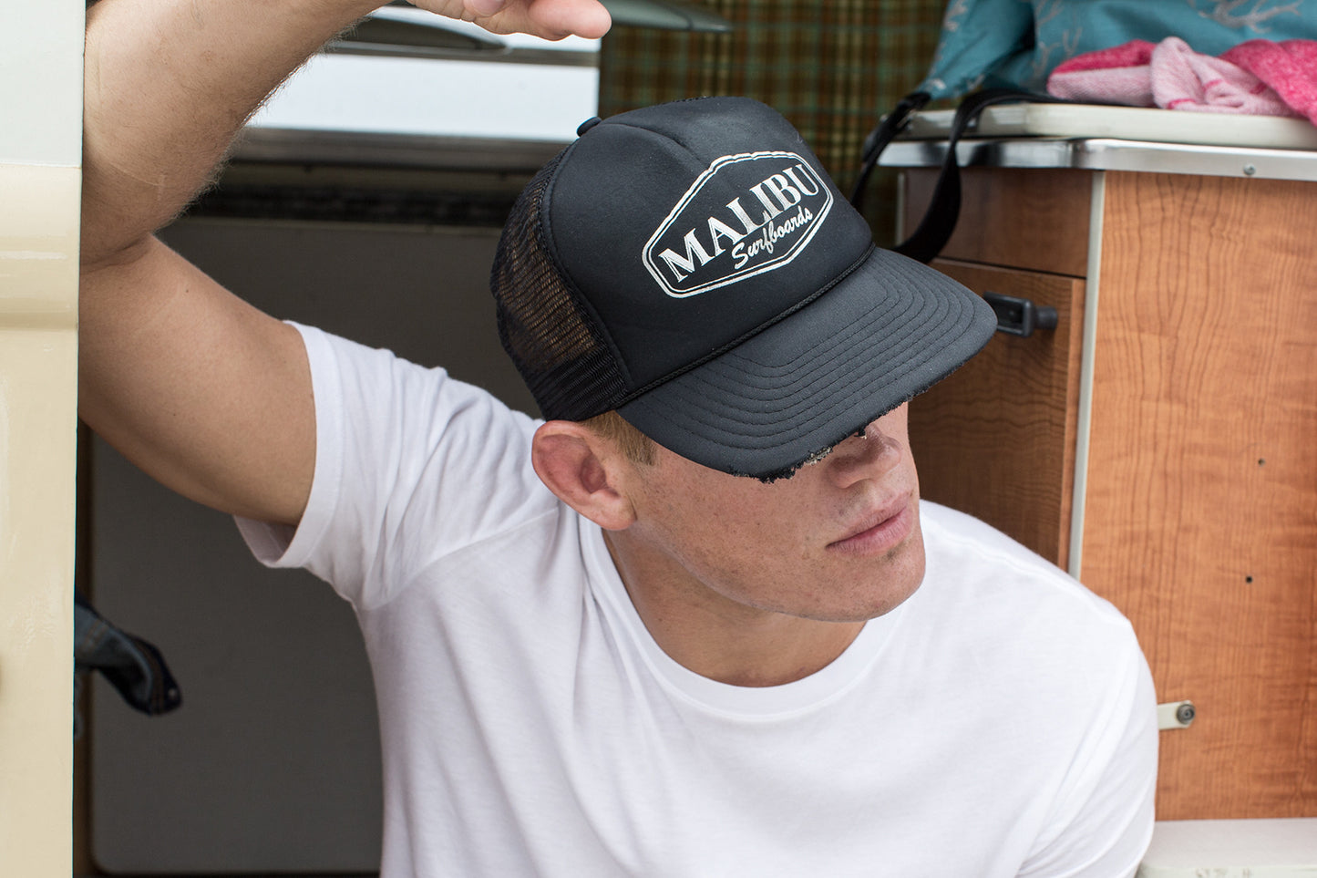 Signature Malibu Surfboards hat in black with white print 