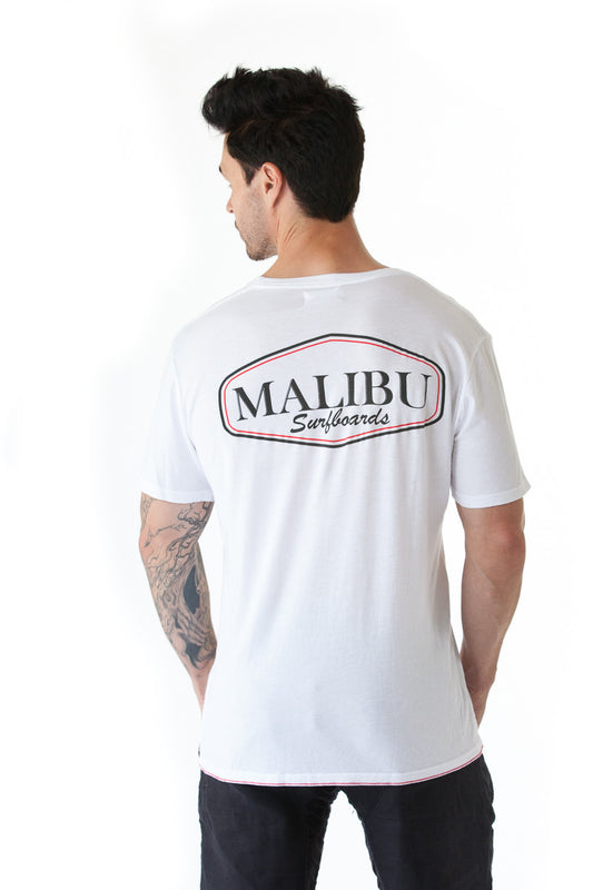 Malibu Surfboards Logo Crew Tee in White (Red/Black Logo)