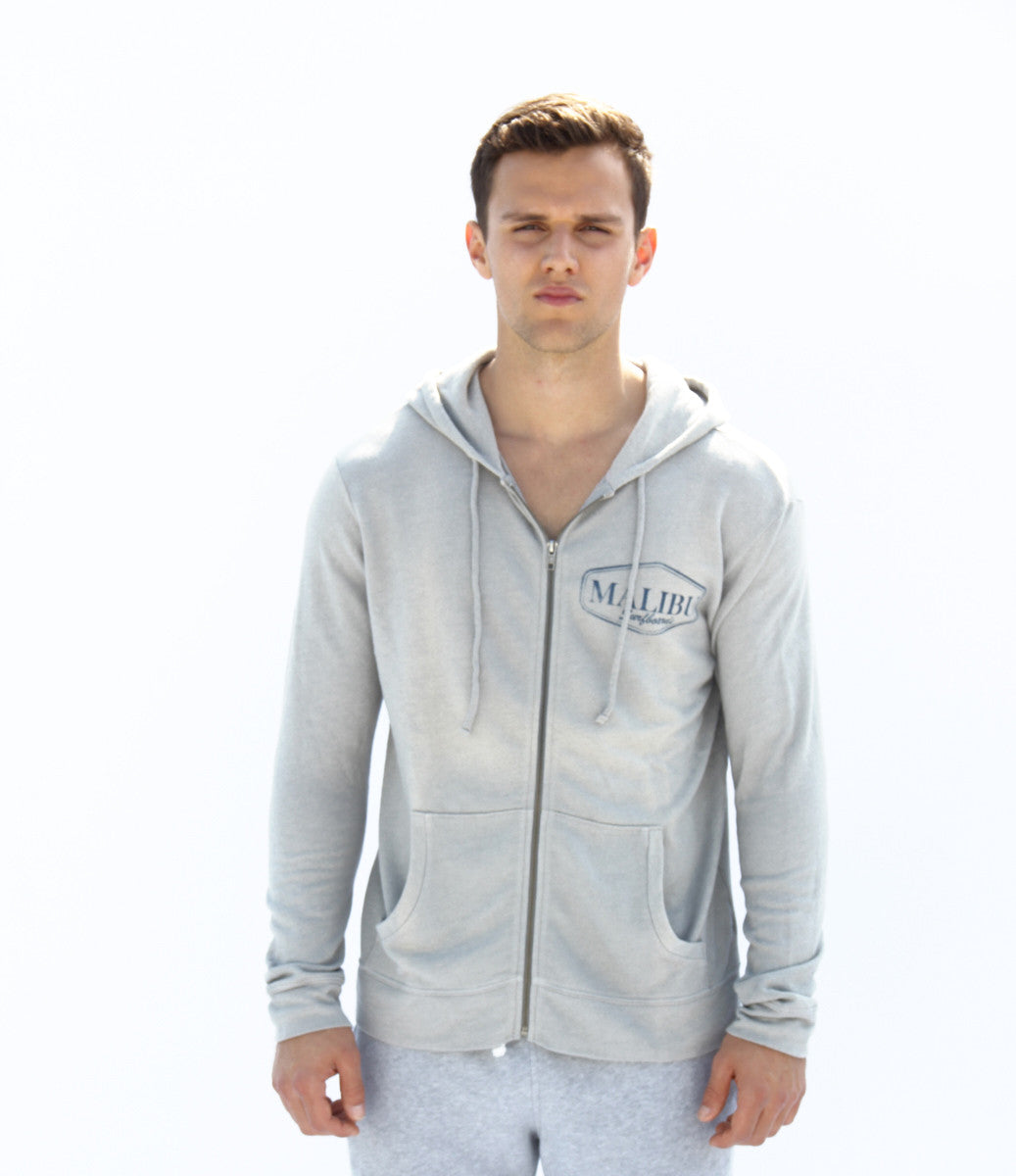 Respect the Locals Men's Premium Zip-Up Hoodie in dove grey with distressed blue print 