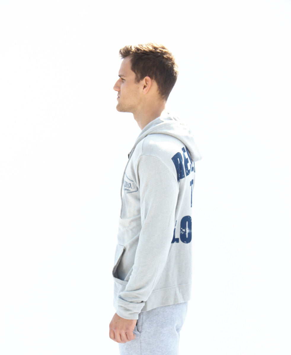Respect the Locals Men's Premium Zip-Up Hoodie in dove grey with distressed blue print 