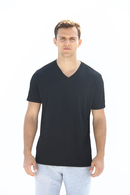 Premium Black V-Neck T-Shirt for men with Malibu Surfboards print on back 