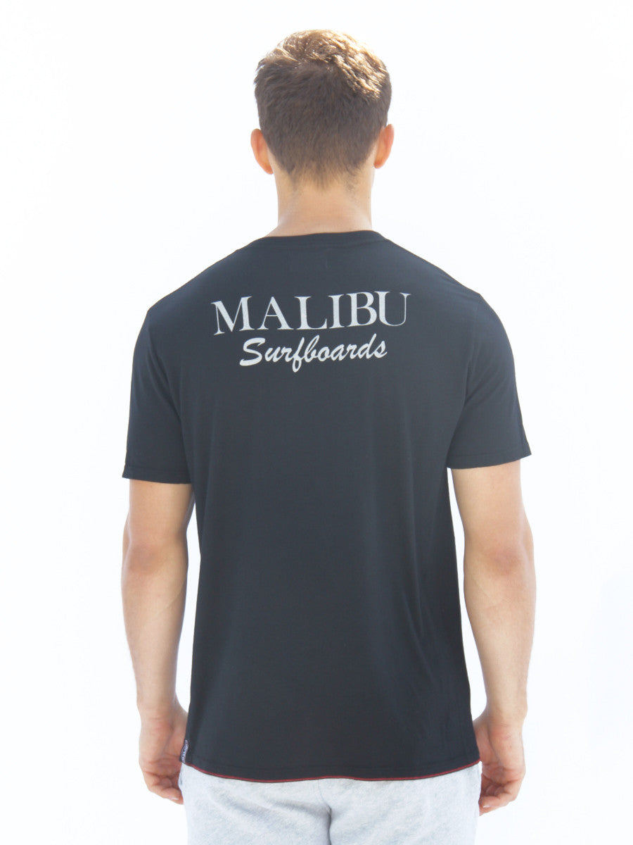 Premium Black V-Neck T-Shirt for men with Malibu Surfboards print on back 